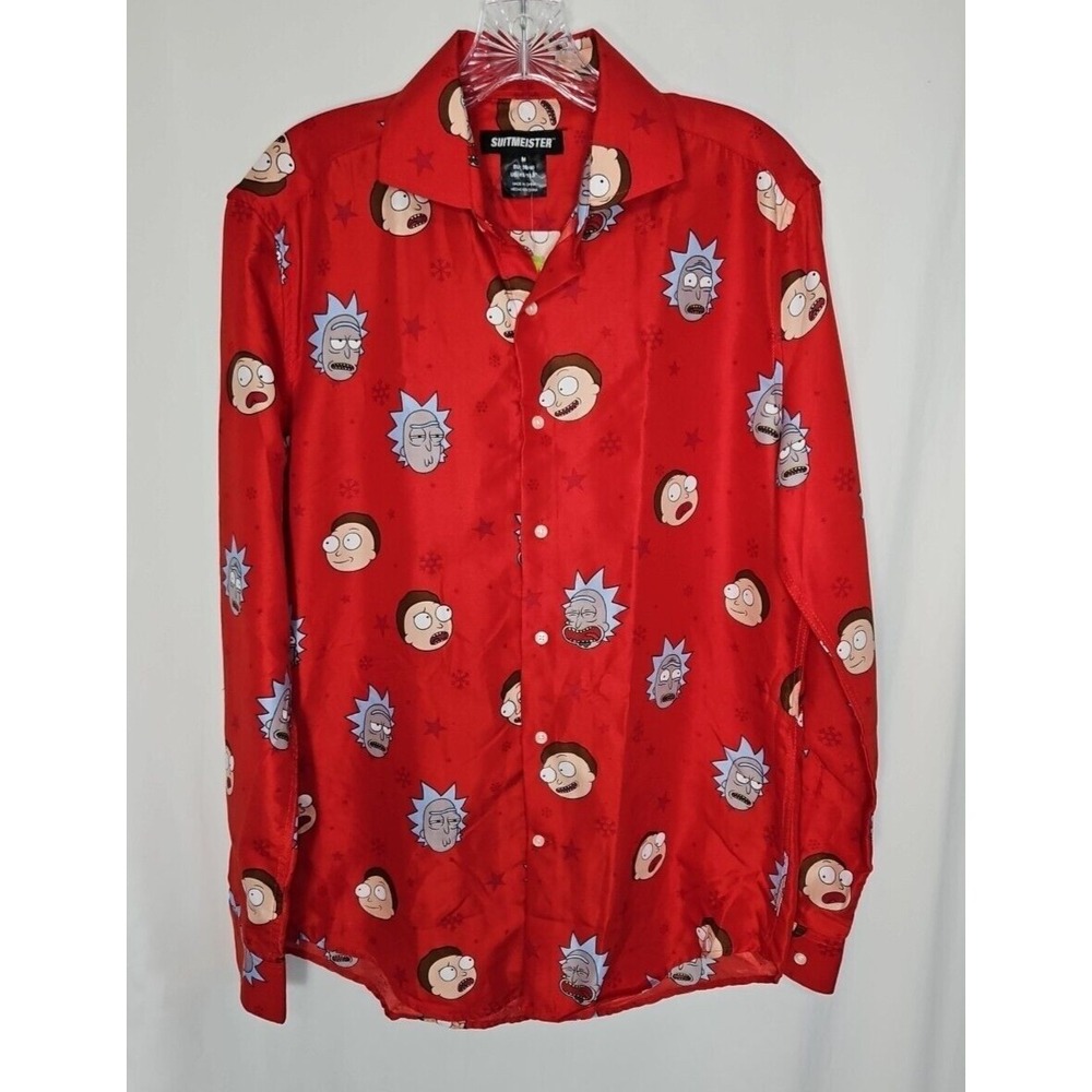 Suitmeister Men's Red Rick and Morty Long Sleeve Button Up Shirt Size Medium